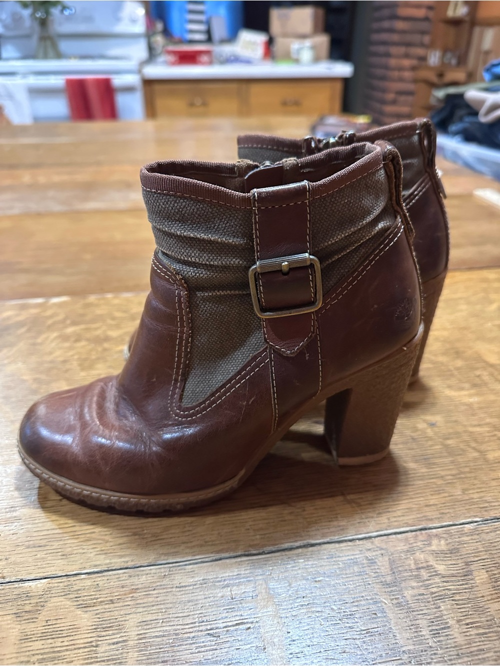 Timberland Y2K Brown Leather &‎ Fabric Ankle Booties with Buckle sz 7